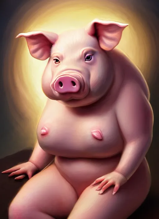 Image similar to Full body Chubby Pig character portrait of a female humanoid pig by Mark Arian. She has a cute beautiful attractive detailed pig snout. She is Sitting on a stove oven where the fire is burning from underneath her visibly. Character design by charlie bowater, ross tran, artgerm, and makoto shinkai, detailed, inked, western comic book art