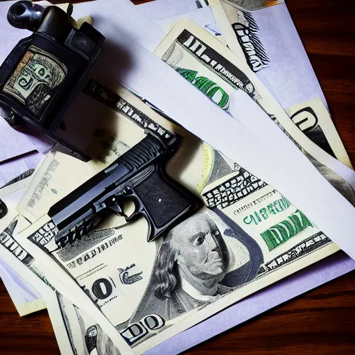 Prompt: a bundle of cash on a table next to a pistol, 8k, film still, cinematic, dark