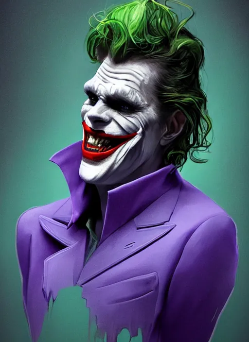 Prompt: portrait of sumptuous William Dafoe as the Joker, opulent, laughing pose, sigma male, gigachad, lavish green hair, batman crown, purple luxurious futuristic suit, fantasy, elegant, realistic, highly detailed, digital painting, artstation, concept art, smooth, sharp focus, illustration, art by artgerm and greg rutkowski and alphonse mucha