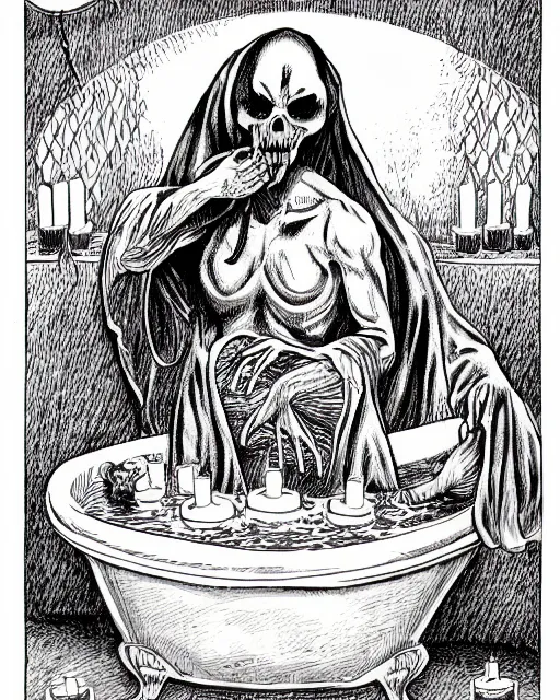 an illustration of grim reaper, full body, relaxing in