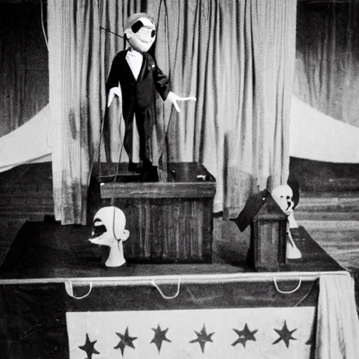 Image similar to puppet show with a puppeteer using a string marionette of a president with clown makeup in a podium