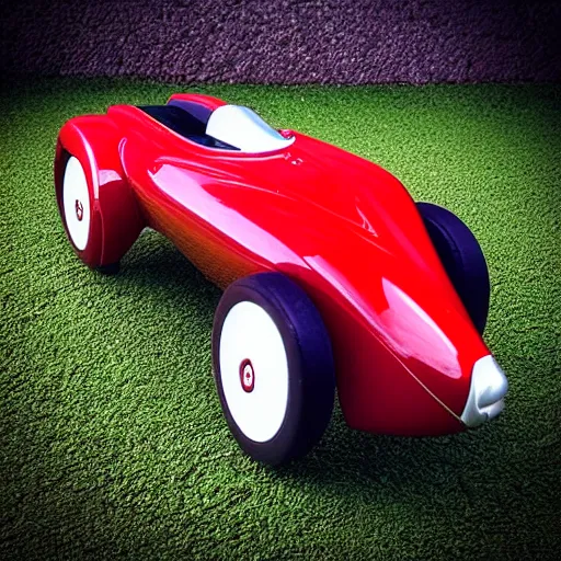 Prompt: “Red Bugatti hover car, 35 mm product photo”