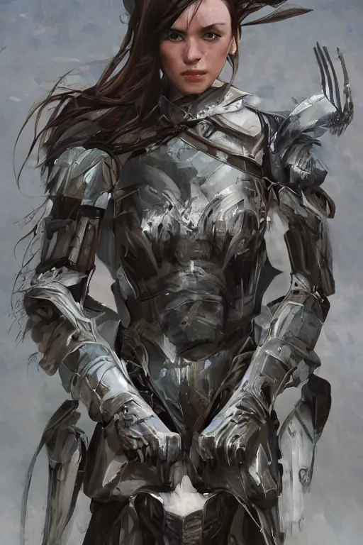 Image similar to a photorealistic painting of an attractive young girl, partially clothed in battle armor, olive skin, long dark hair, beautiful bone structure, symmetrical face, perfect eyes, intricate, elegant, digital painting, concept art, illustration, sharp focus, minimal artifacts, from Metal Gear, in the style of Ruan Jia and Mandy Jurgens, by Greg Rutkowski, trending on Artstation, award winning