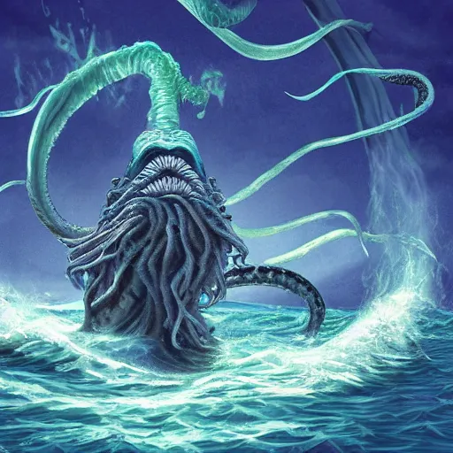 Image similar to a powerful wizard casting spells at a kraken in the ocean, digital artwork