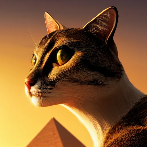 Image similar to egyptian cat, golden hour, fantasy, sharp focus, digital art, hyper realistic, 4 k, unreal engine, highly detailed, hd, dramatic lighting by brom, trending on artstation