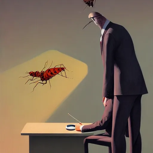 Image similar to Portrait of a man wearing a business suit with an insect head, very coherent, painted by Edward Hopper, Wayne Barlowe, painted by James Gilleard, airbrush, art by JamesJean