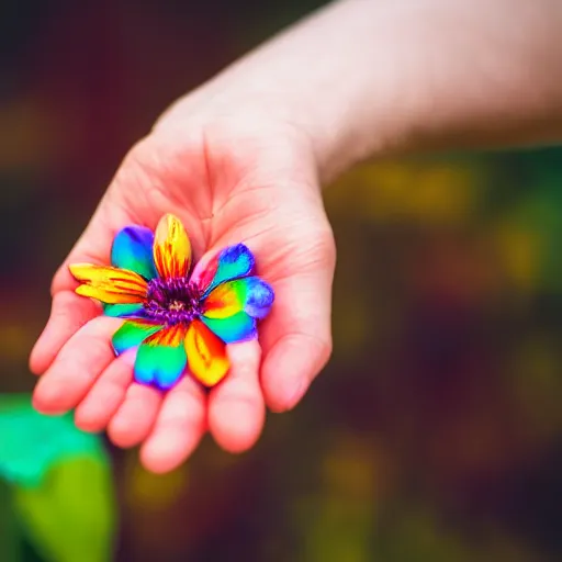 Image similar to closeup photo of rainbow - colored flower with 7 petals, held by hand, shallow depth of field, cinematic, 8 0 mm, f 1. 8