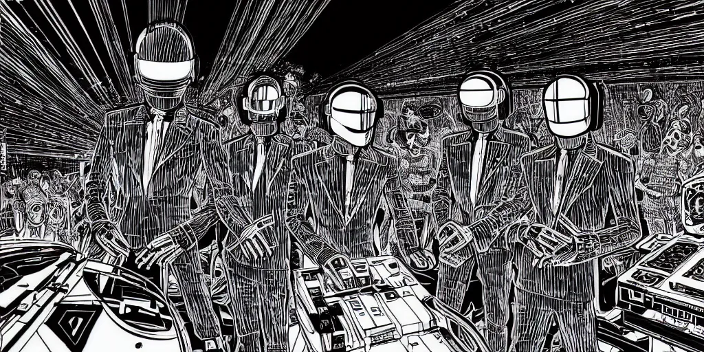 Image similar to intricate detailed artwork of 2 Daft Punk robot rock using a Macbook at an underground warehouse rave in Ibiza, playing techno house music, thousands of beautiful girls in bikini dancing, in the style of Moebius, wires, speakers, black and white ink, some ink drips, sharp details