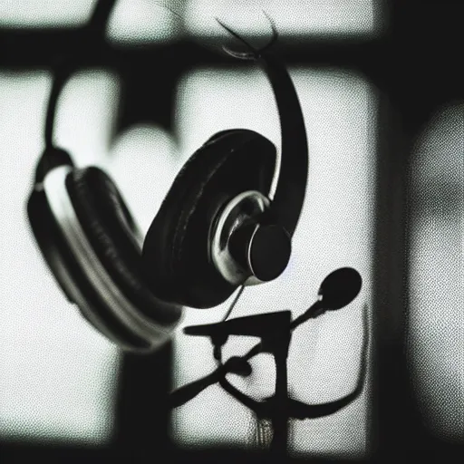 Image similar to A photograph of a bird wearing headphones and speaking into a high-end microphone in a recording studio.