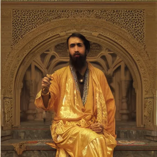 Image similar to orientalist portrait of a sage wearing golden robes smoking a pipe in a sandstone temple intricate portrait by john william waterhouse and Edwin Longsden Long and Theodore Ralli and William-Adolphe Bouguereau, very coherent symmetrical artwork. Cinematic, hyper realism, high detail 8k