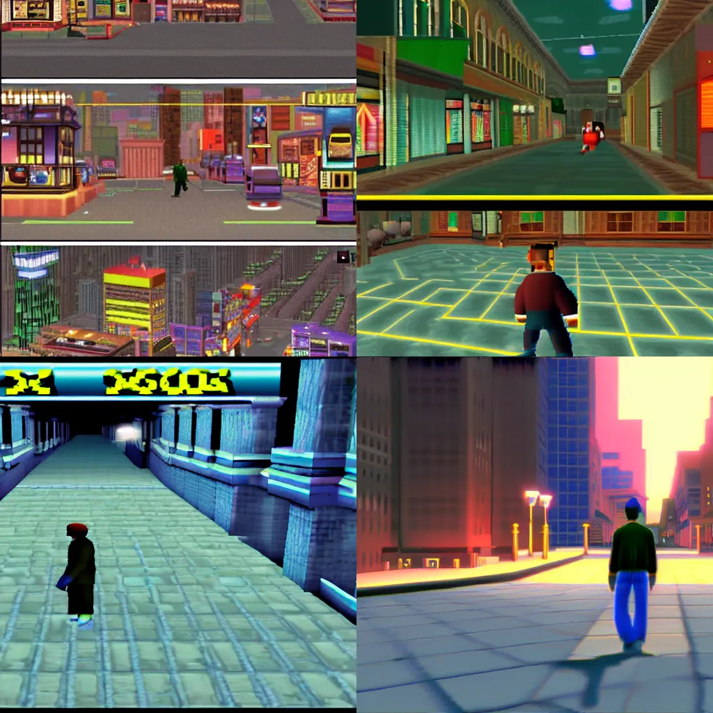 Prompt: Nintendo64 Screenshots, A man walking in a dark city at night, Nintendo64