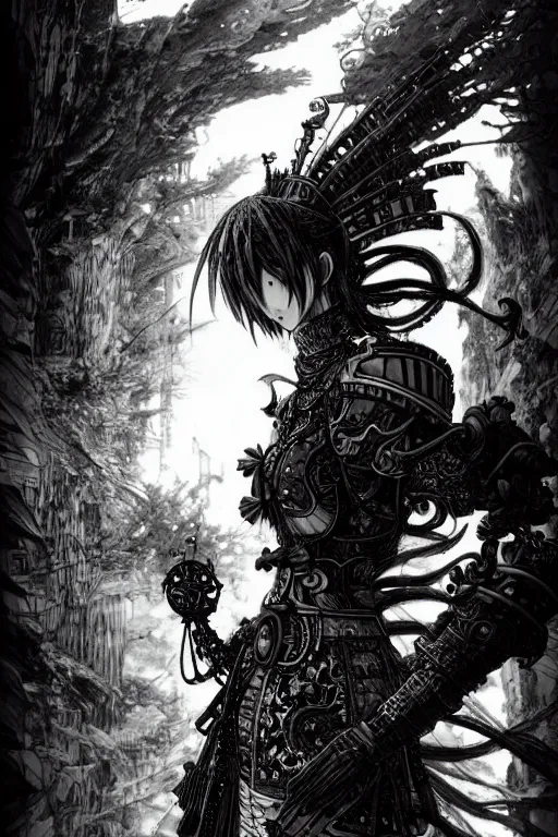 Image similar to a vertical portrait of a character in a scenic environment by Yoshitaka Amano and Nihei Tsutomu, black and white, dreamy, steampunk armor, highly detailed