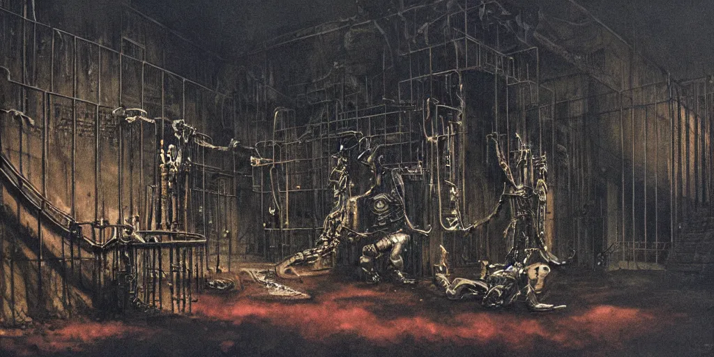 Prompt: Artwork by Les Edwards of the cinematic view of the Seventh Terrifying Prison.