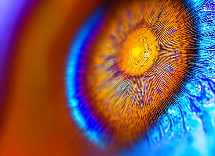 Prompt: macro photo of a eye with big blue and colorful fractal iris , detailed, photorealistic , macro photography