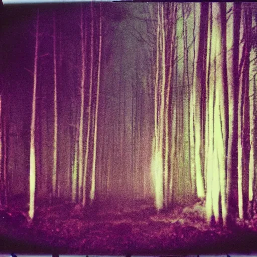 Image similar to alien abduction in a forest at night, old polaroid, expired film, blurry, lost footage, found footage,