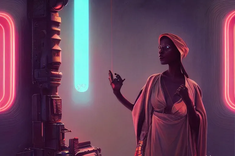 Prompt: patron saint 👩🏾 talking with machine, futuristic clothing, worm hole, neon god of city character portrait, in the style of moebius, wlop, tom bagshaw, and waterhouse, cinematic lighting, beautiful, elegant, oil painting,
