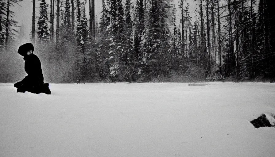 Image similar to 1 9 6 0 s movie still close up of marcus aurelius frozen to death, feets in a river, pine forests, cinestill 8 0 0 t 3 5 mm b & w, high quality, heavy grain, high detail, texture, dramatic light, anamorphic, hyperrealistic, foggy