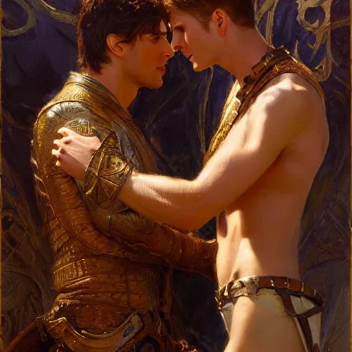 Image similar to attractive male arthur pendragon confesses his love to attractive male merlin. highly detailed painting by gaston bussiere, craig mullins, j. c. leyendecker 8 k