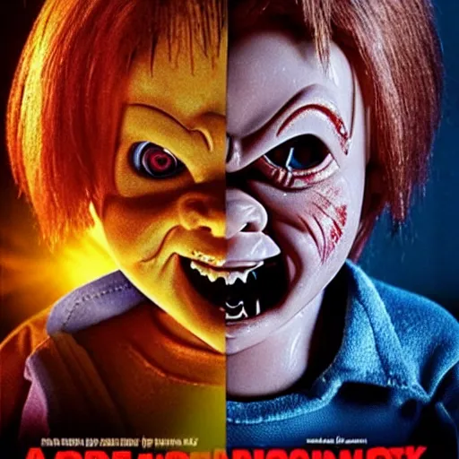 Image similar to Chucky the killer doll from the movie Child's Play VS demonic toys movie poster