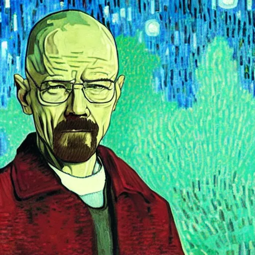 Image similar to a scene from breaking bad featuring walter white painted by van gogh