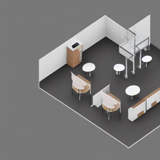 Prompt: isometric view of break room, clean, minimalist, light and shadows, octane render