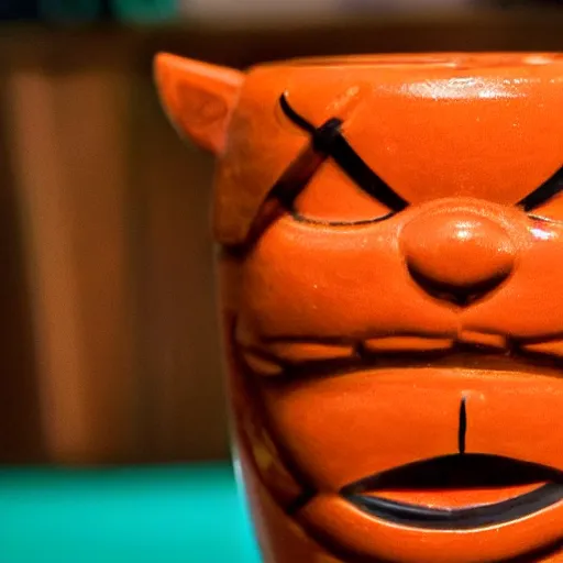 Image similar to a closeup photorealistic photograph of an orange cat garfield style tiki mug sitting at a trader vic's bar featuring garfield's face. tiki party. bright scene. fine detail. this 4 k hd image is trending on artstation, featured on behance, well - rendered, extra crisp, features intricate detail, epic composition and the style of unreal engine.