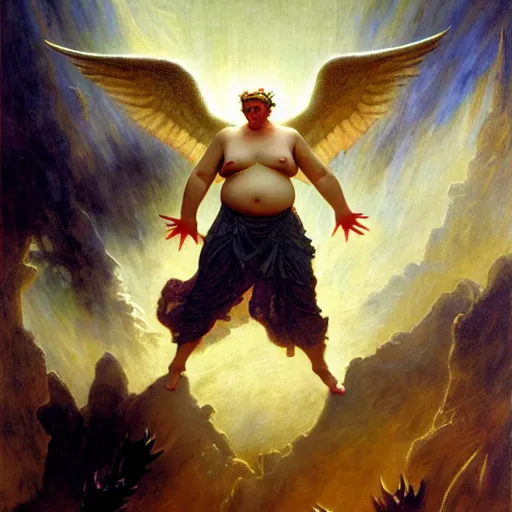 Prompt: obese male lucifer morning star casting a spell summoning male demons, they rise from down bellow. highly detailed painting by gaston bussiere, craig mullins, j. c. leyendecker, 8 k