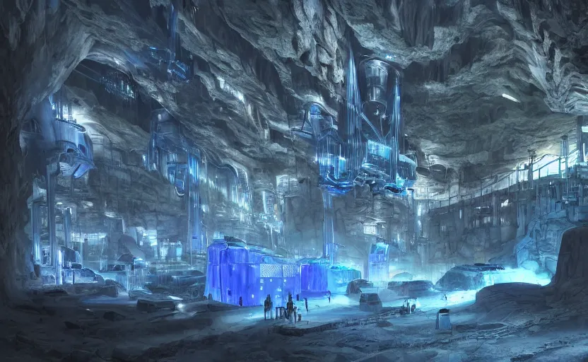 Prompt: giant futuristic mining facility in a dark cave, digging, mining blue crystals, volumetric light, refining process, sci - fi buildings, cyberpunk machines, glass walls, low angle, intricate, highly detailed