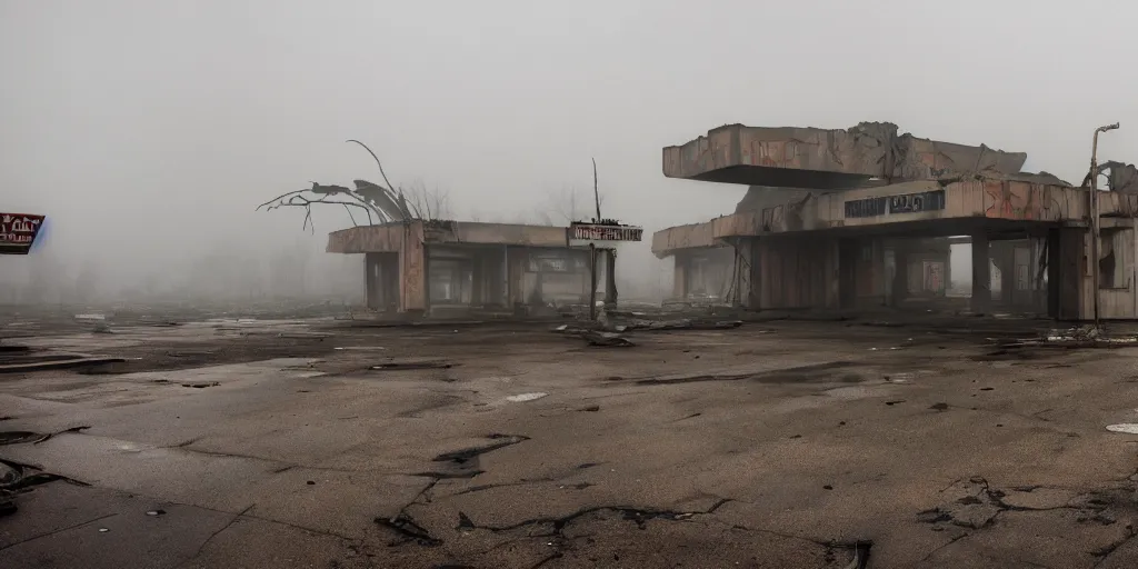 Prompt: a melancholic post-apocalyptic ruins of a gas station, destroyed by nuclear war, mutants creatures swarming, atmosphere of silent hill, 8k, cinematic lighting, hd wallpaper, fog, Todd Hido