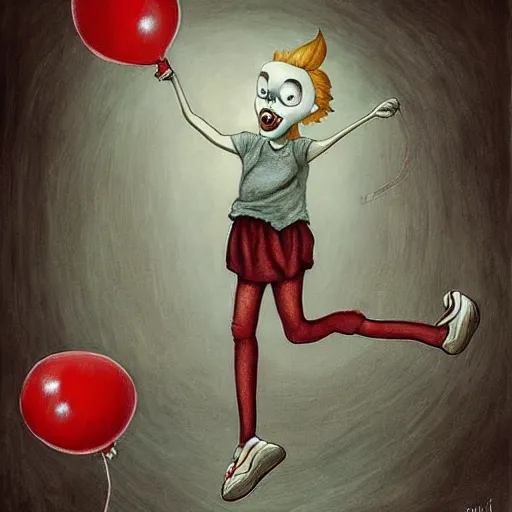 Image similar to grunge cartoon painting of a little girl playing with a jump rope with a wide smile and a red balloon by chris leib, loony toons style, pennywise style, horror theme, detailed, elegant, intricate