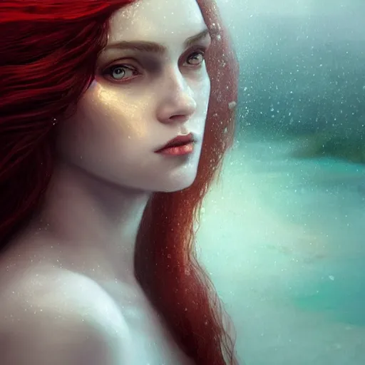 Image similar to a portrait of woman with long dark curly red hair under the water, stoic, pale skin, scales, mermaid, alone, white eyes, dramatic, epic painting, painting by wlop and nixeu, semirealism, artstation, octane render, sharpness, 8 k, golden ratio