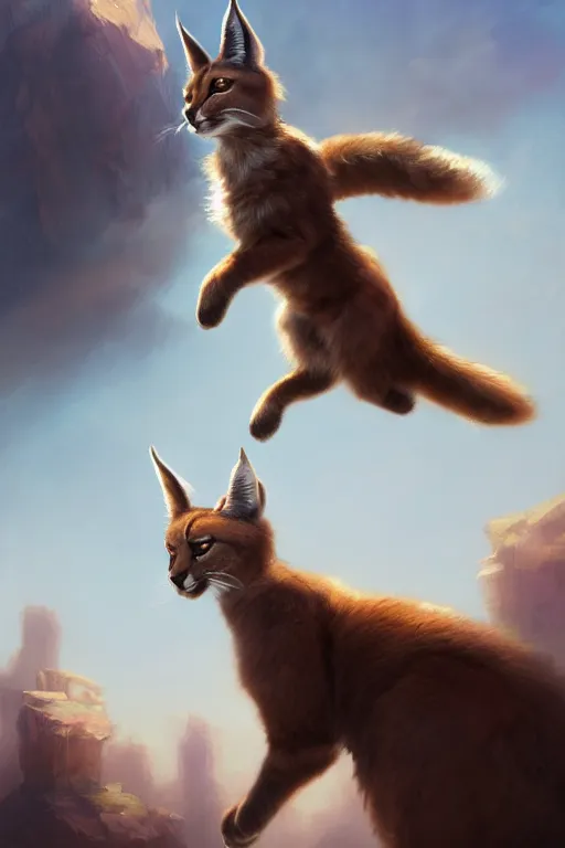 Image similar to cute fluffy caracal flying up on the victorian city, extremely detailed digital painting, in the style of fenghua zhong and ruan jia and jeremy lipking and peter mohrbacher, mystical colors, rim light, beautiful lighting, 8 k, stunning scene, raytracing, octane, trending on artstation