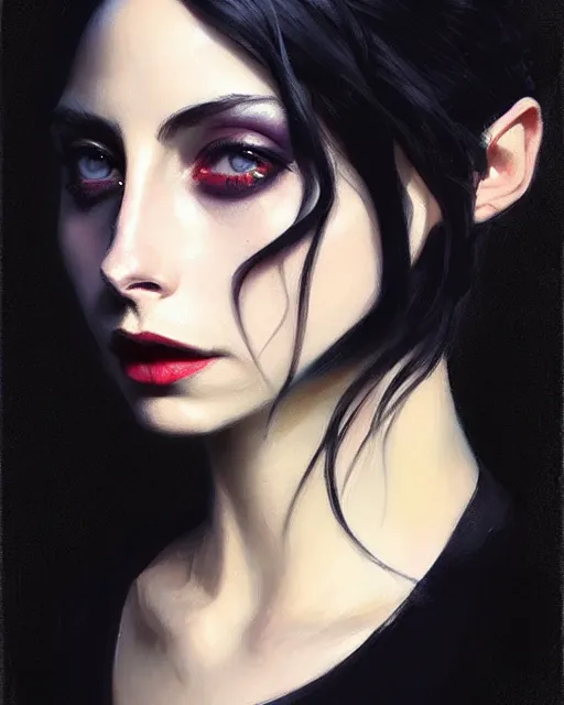 Image similar to style of jeremy lipking, artgerm : : gorgeous willa holland : : evil witch, swirling black magic, black dress : : symmetrical face, symmetrical eyes : : full body pose : : gorgeous black hair : : magic lighting, low spacial lighting : :