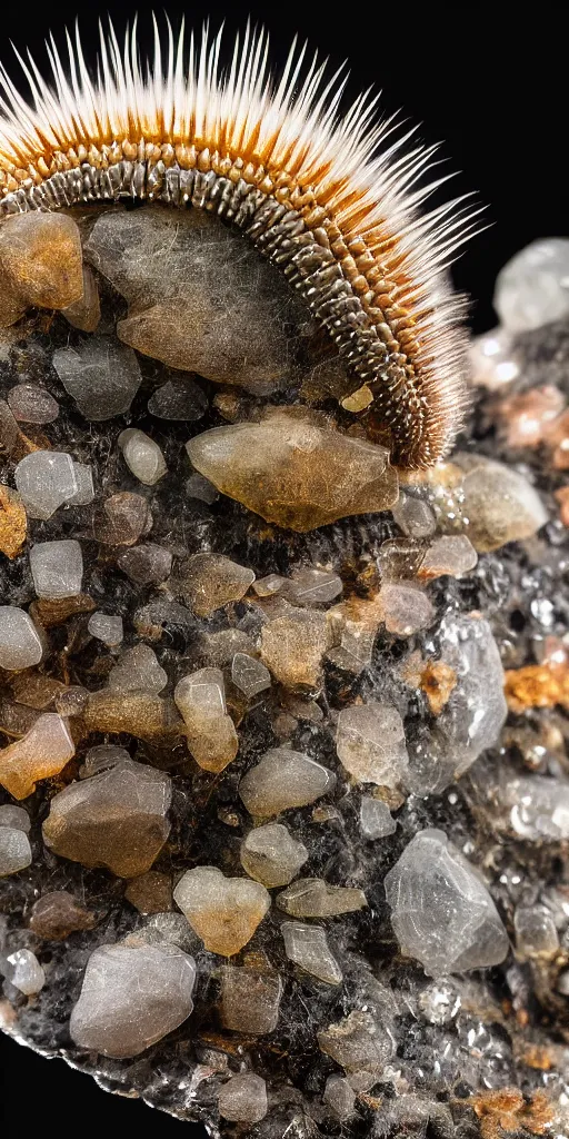 Image similar to professional photo shot of a scutigera made of silica crystal fused with rocks in the background, microscopic picture, droplets of water, grimy, gritty, trending on artstation, award winning, close shot, by aleks labuda and barry webb