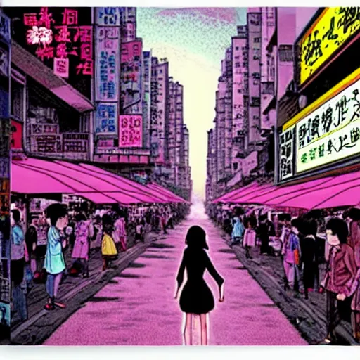 Image similar to glossy old advertising poster, young woman walking through crowded hong kong street, vendors, zombies, horror, drawn comic by junji ito, pastels, gradient,