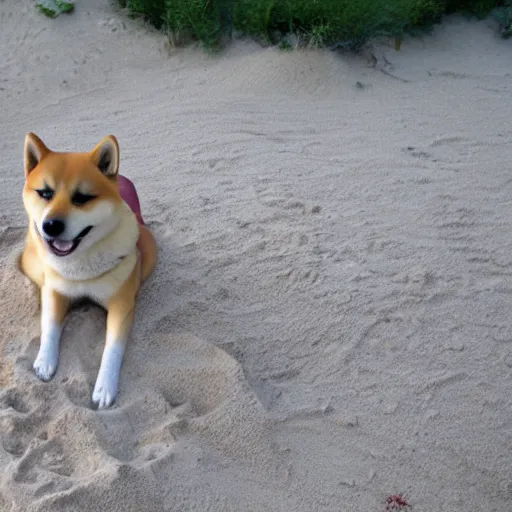 Image similar to shiba inu dog ( doge ) made of sand