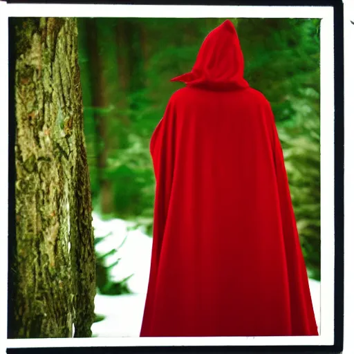 Image similar to woman in red hooded cloak holding a green-horned goblin, kodak vision 3 500t