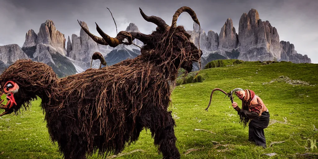 Image similar to historical sharp 4 k photograph of a tyrolean farmer turning into a krampus hay monster with goathorns and roots growing from his face, dolomites in the background, dark, eerie, grainy