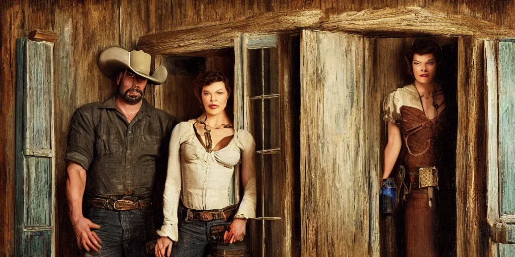 Image similar to in an old west cabin, close up portrait of beautiful Mila Jovovich (alone) in the doorway and Dave Bautista cowboy standing ((alone)) at the window, symmetrical, in the style of Fredrick Remington, oil painting