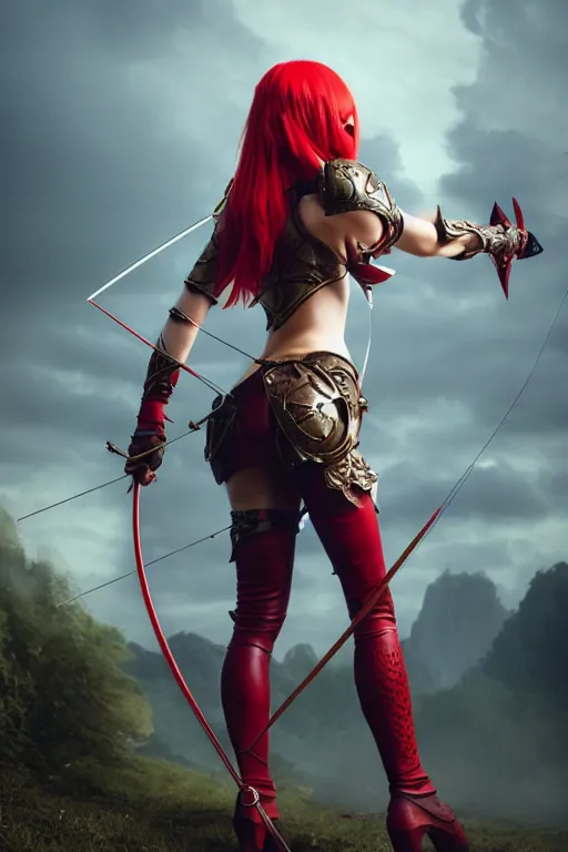 Prompt: Female archer, dnd, d&d, leggins, red skintight leather armor, red hair, looking from behind, visible face, beautiful face, toned derriere, high fantasy, matte painting, by wlop