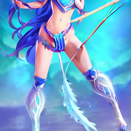 Image similar to an anime woman in an outfit made of water is doing a trick with bow and arrow, concept art by senior character artist, polycount contest winner, process art, concept art, 2d game art, full body, mid shot, artstation hd