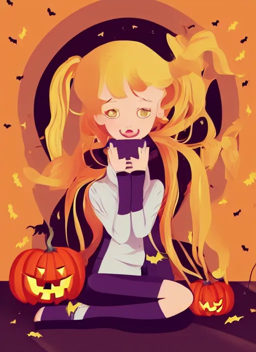 Prompt: little girl with long golden blonde hair sitting on a pile of halloween decorations. clean cel shaded vector art. shutterstock. behance hd by lois van baarle, artgerm, helen huang, by makoto shinkai and ilya kuvshinov, rossdraws, illustration, art by ilya kuvshinov