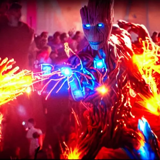 Image similar to groot and optimus prime dancing at techno party among people, wide shoot, after effect ultra realistic 3 d