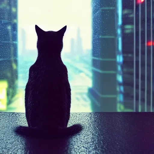 Image similar to A cat sitting on a window watching the view of a cyberpunk city, 24mm, 8k, octane render, beautiful, peaceful, cyberpunk, moody, raining, rain, super detailed, dof, volumetric lighting, rtx, raytracing