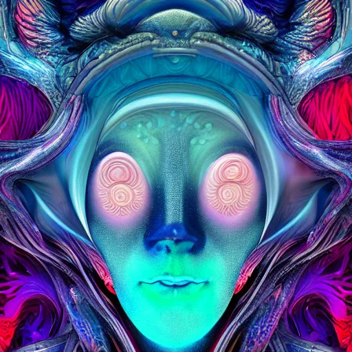 Prompt: Face of a Alien Deity, corals, plume made of geometry, extremly detailed digital painting, sharp focus in the style of android jones, artwork of a futuristic artificial intelligence superstar, mystical colors, rim light, beautiful lighting, 8k, stunning scene, raytracing, octane, under water visual distortion, dark tones colors, trending on artstation