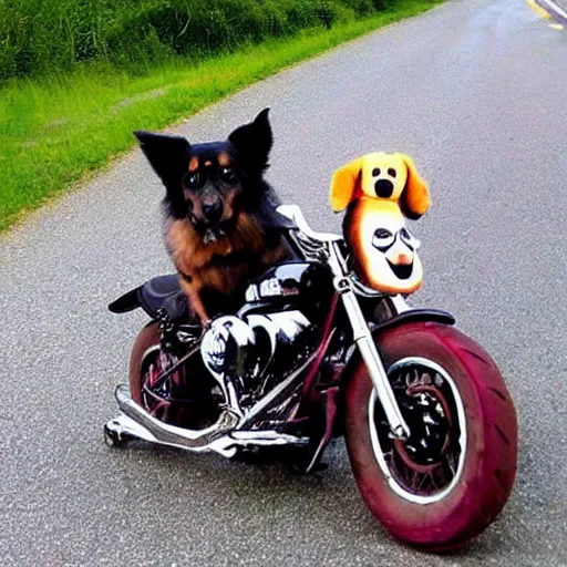 Prompt: dog on a as Harley Davidson on the road, funny picture