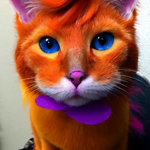 Image similar to orange cat, with his hair died purple to look like the cheshire cat, photo