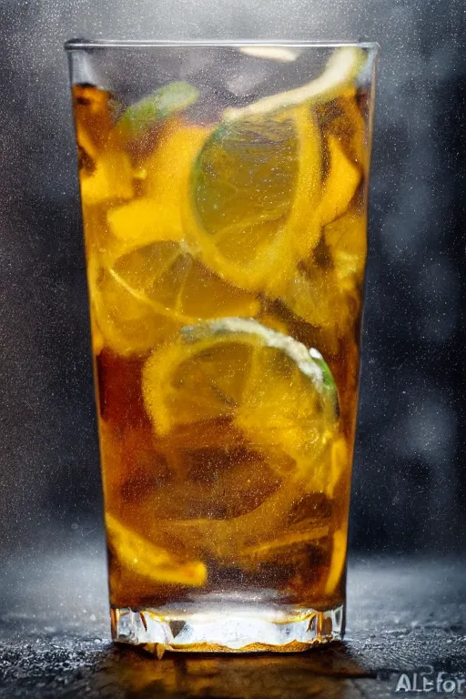 Prompt: ice - t potrait picture inside tall iced tea glass with ice cubes, by alfons mucha, golden hour, realistic, body shot, sharp focus, 8 k high definition, insanely detailed, intricate, elegant, lemon, lime