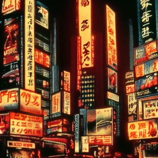 Prompt: 35mm film still blade runner set in a rainy tokyo, warm colors, moody, skyscrapers by Alex grey