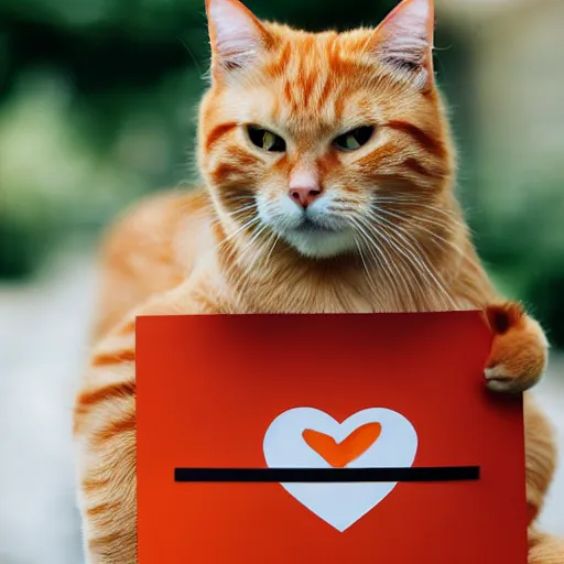 Image similar to cute orange tabby cat holding a sign with a red heart symbol